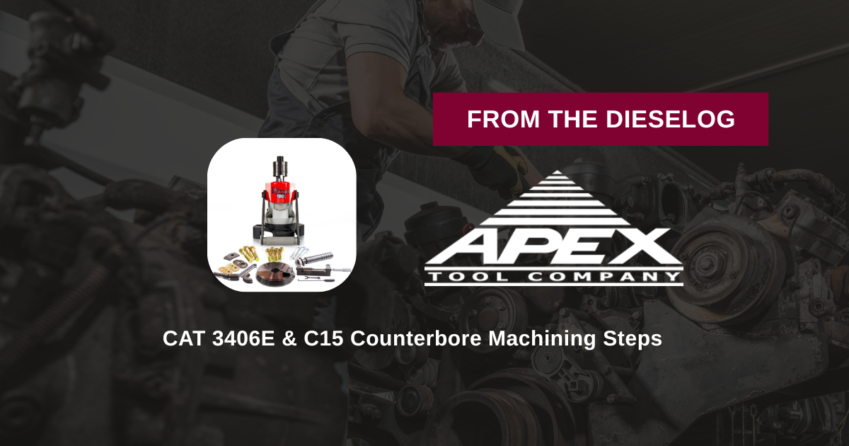 Step-by-step close up layout of heavy-duty counterbore boring tool mounted on a Caterpillar engine cylinder block deck